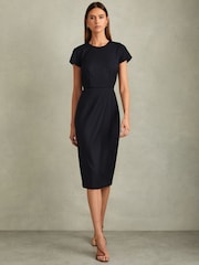 Reiss Navy Serena Textured Cap Sleeve Midi Dress - Image 1 of 5