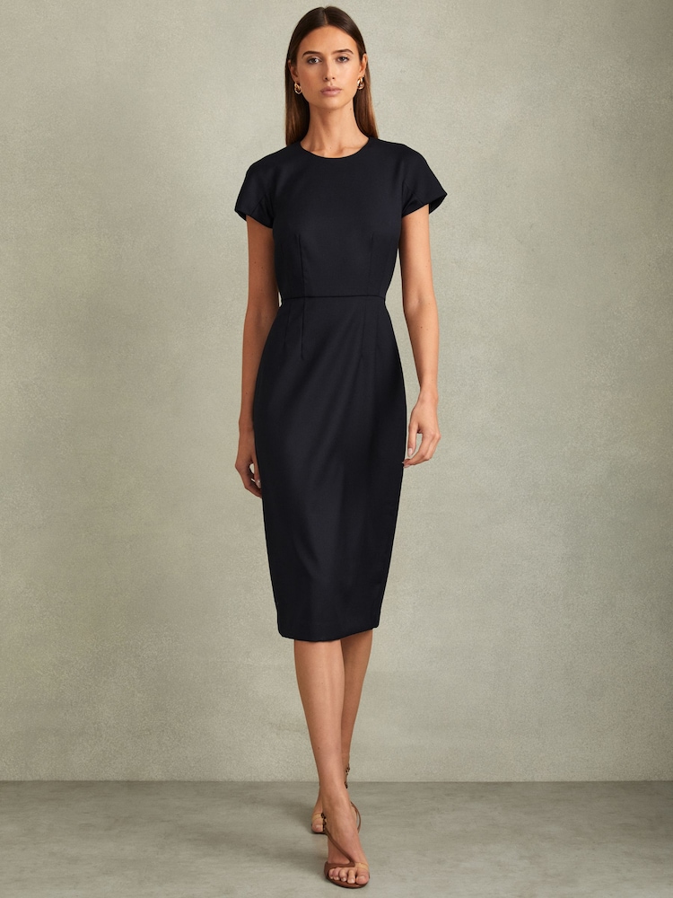 Reiss Navy Serena Textured Cap Sleeve Midi Dress - Image 1 of 5