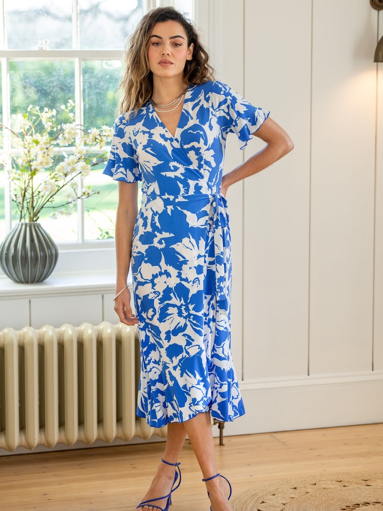 Pour Moi Blue Print Megan Stretch Jersey Wrap Midi Dress - Image 1 of 4