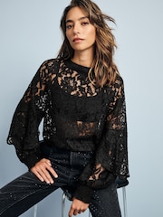 Black Round Neck Lace Long Sleeve Blouse - Image 1 of 8