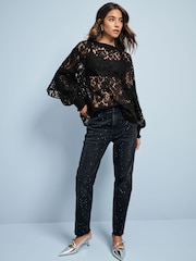 Black Round Neck Lace Long Sleeve Blouse - Image 2 of 8