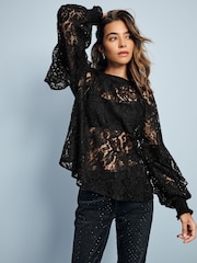 Black Round Neck Lace Long Sleeve Blouse - Image 3 of 8