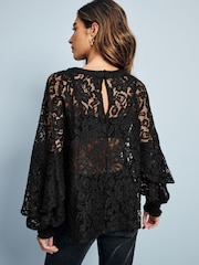 Black Round Neck Lace Long Sleeve Blouse - Image 4 of 8