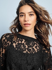 Black Round Neck Lace Long Sleeve Blouse - Image 5 of 8