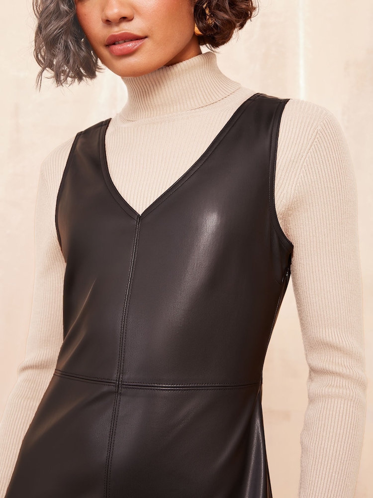 Friends Like These Black Mini Faux Leather Pinafore Dress - Image 3 of 4