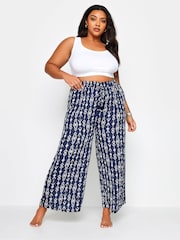 Yours Curve Blue Navy Ikat Print Crinkle Tassel Trousers - Image 2 of 5