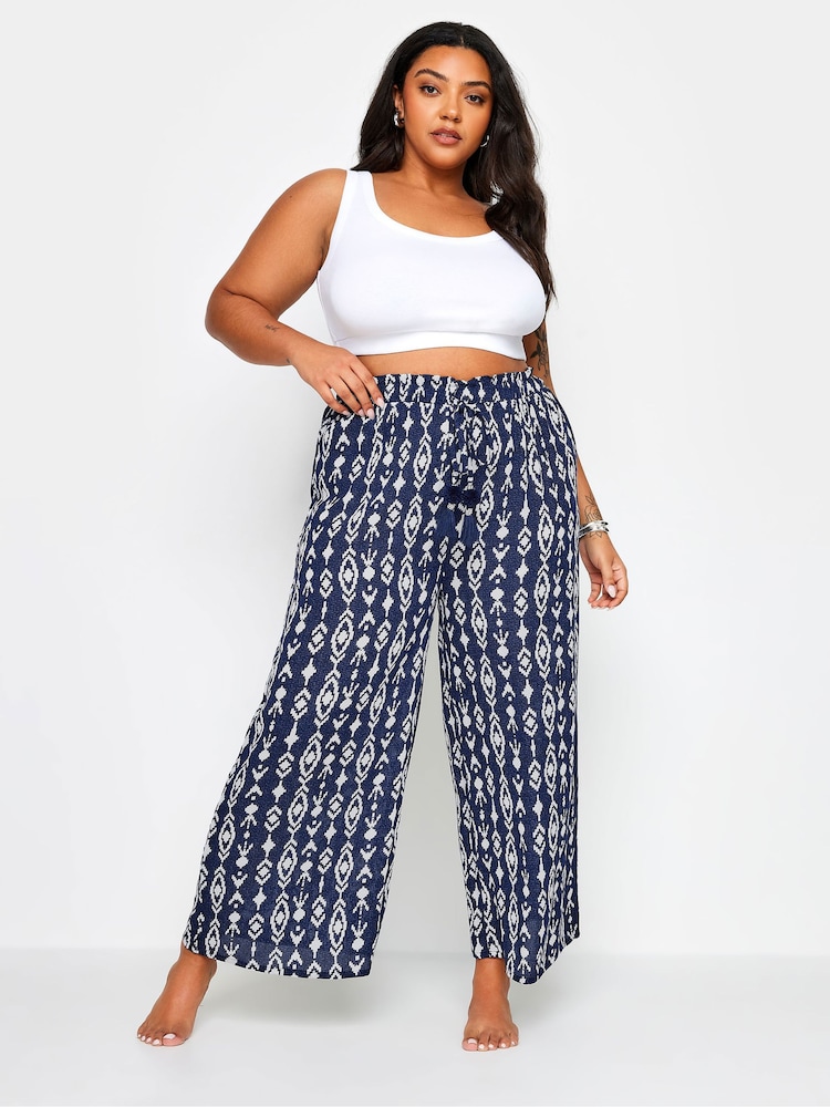 Yours Curve Blue Navy Ikat Print Crinkle Tassel Trousers - Image 2 of 5