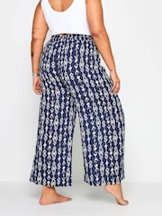 Yours Curve Blue Navy Ikat Print Crinkle Tassel Trousers - Image 3 of 5