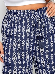 Yours Curve Blue Navy Ikat Print Crinkle Tassel Trousers - Image 4 of 5