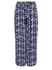 Yours Curve Blue Navy Ikat Print Crinkle Tassel Trousers - Image 5 of 5