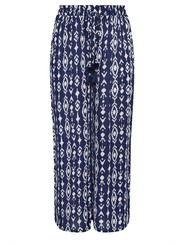Yours Curve Blue Navy Ikat Print Crinkle Tassel Trousers - Image 5 of 5