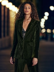 Dark Green Tailored Velvet Single Breasted Blazer - Image 1 of 5
