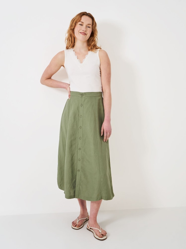 Crew Clothing Green 100% Linen Button Through Skirt - Image 1 of 5