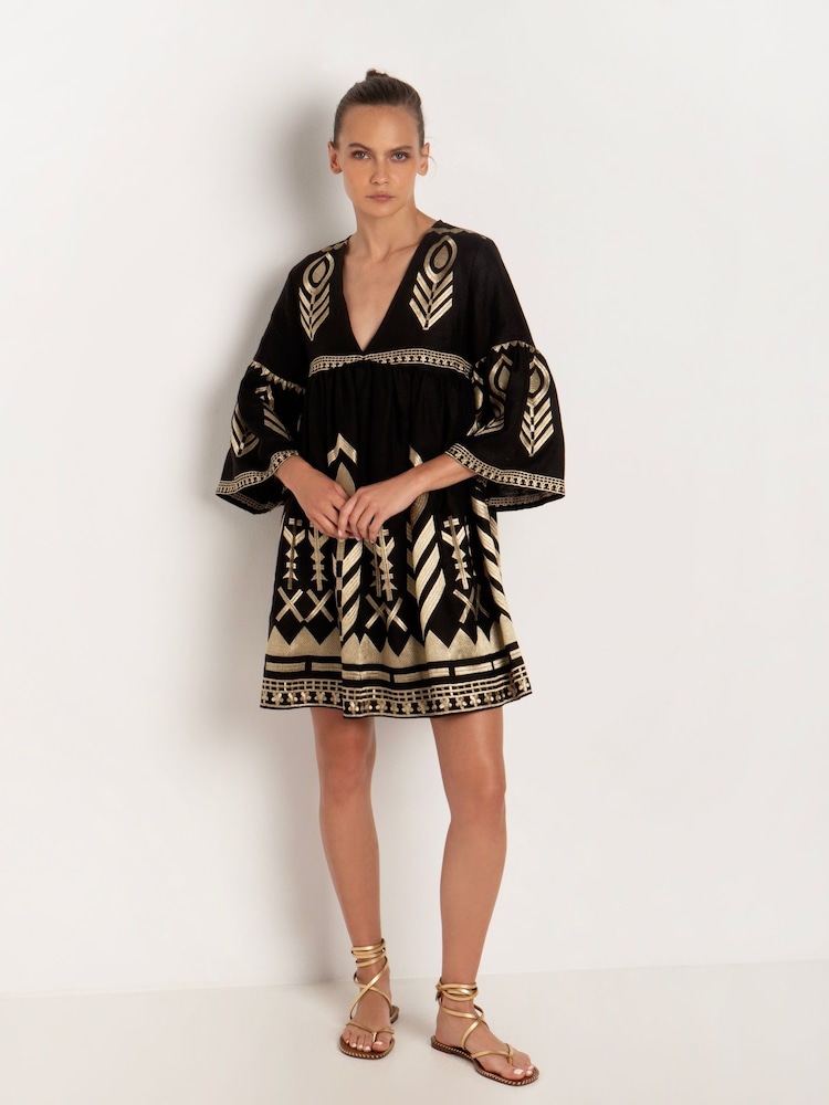 Greek Archaic Kori Black Embroidered 100% Linen Bell Sleeve Mini Dress - Image 1 of 3 Greek Archaic Kori Black Embroidered 100% Linen Bell Sleeve Mini Dress - Image 1 of 3