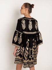 Greek Archaic Kori Black Embroidered 100% Linen Bell Sleeve Mini Dress - Image 2 of 3