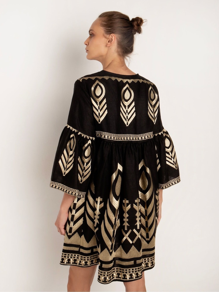 Greek Archaic Kori Black Embroidered 100% Linen Bell Sleeve Mini Dress - Image 2 of 3 Greek Archaic Kori Black Embroidered 100% Linen Bell Sleeve Mini Dress - Image 2 of 3