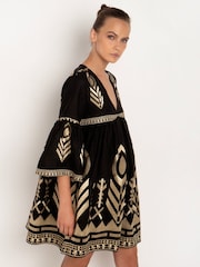 Greek Archaic Kori Black Embroidered 100% Linen Bell Sleeve Mini Dress - Image 3 of 3