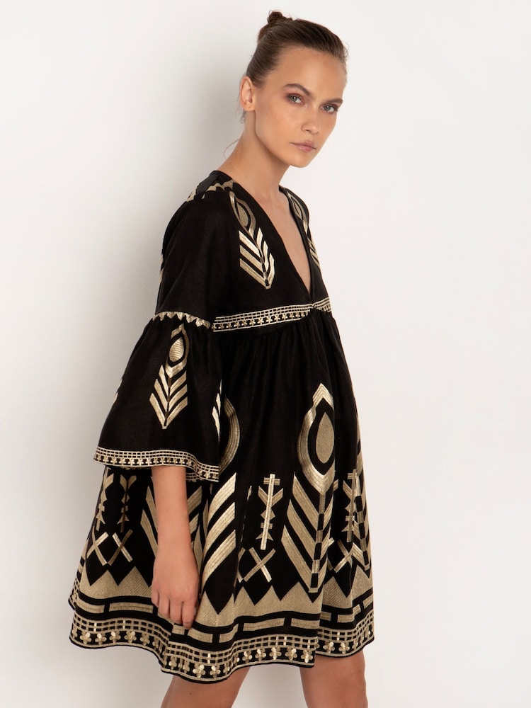 Greek Archaic Kori Black Embroidered 100% Linen Bell Sleeve Mini Dress - Image 3 of 3 Greek Archaic Kori Black Embroidered 100% Linen Bell Sleeve Mini Dress - Image 3 of 3