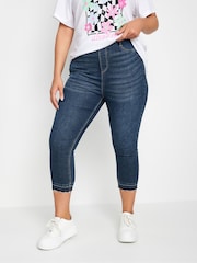 Yours Curve Mid Blue Grace Tie Dye Hem Cropped Jeggings - Image 1 of 5
