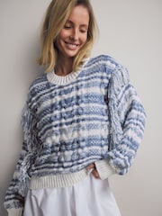 Blue White Statement Fringe Stripe Knitted Jumper - Image 1 of 5
