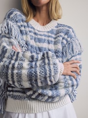 Blue White Statement Fringe Stripe Knitted Jumper - Image 2 of 5