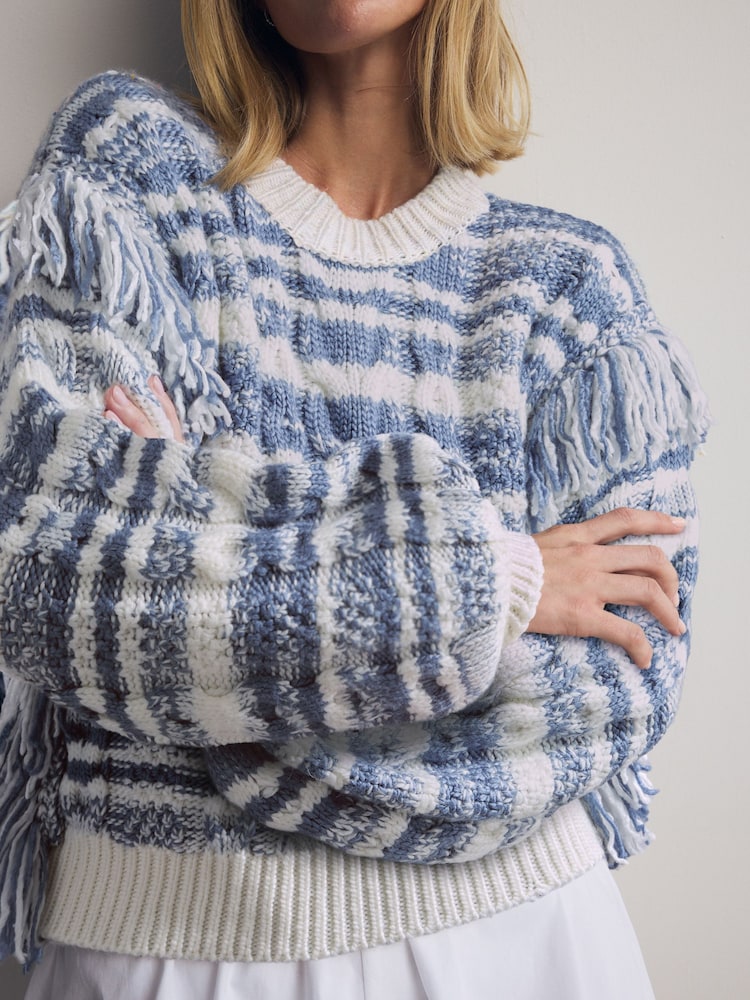 Blue White Statement Fringe Stripe Knitted Jumper - Image 2 of 5
