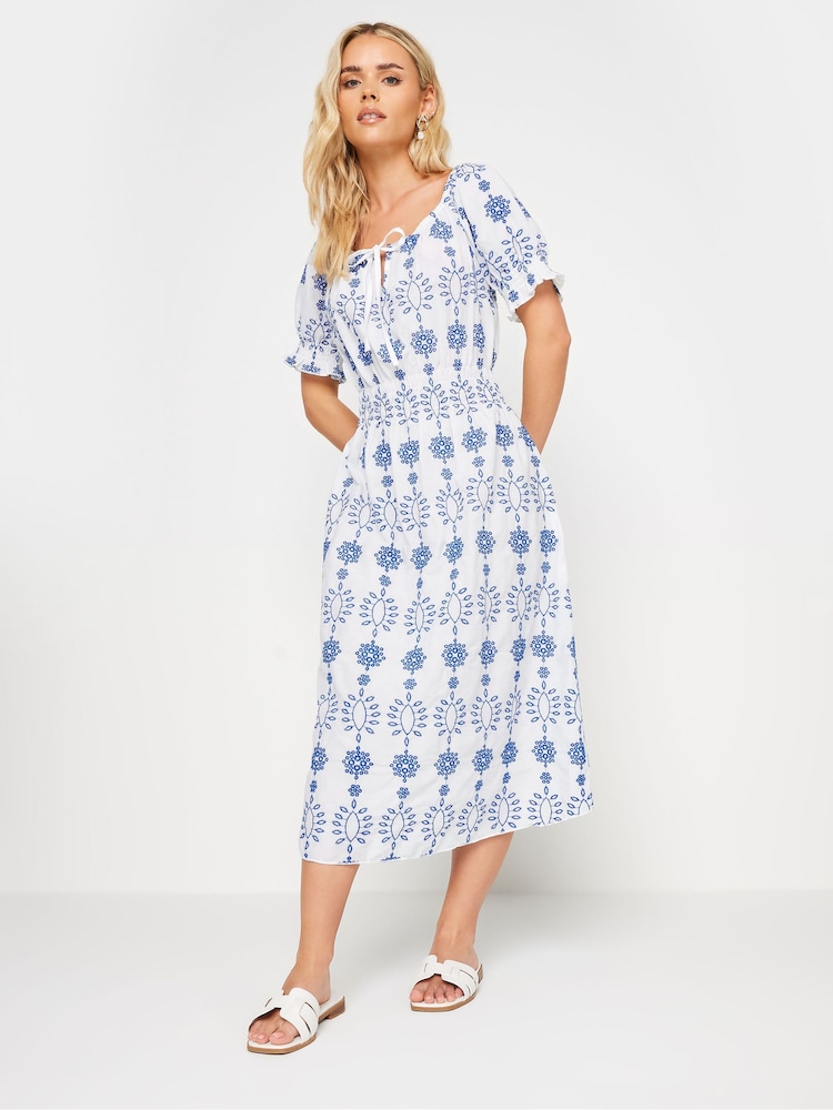 PixieGirl Petite White 100% Cotton Embellished Tie Front Midi Dress - Image 2 of 7
