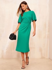 Friends Like These Green Tailored Knot Detail Flutter Sleeve Midi Dress - Image 3 of 4