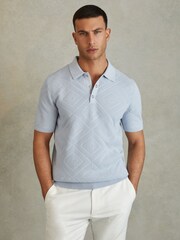 Reiss Soft Blue Lupton Cotton Textured Press-Stud Polo Shirt - Image 1 of 5