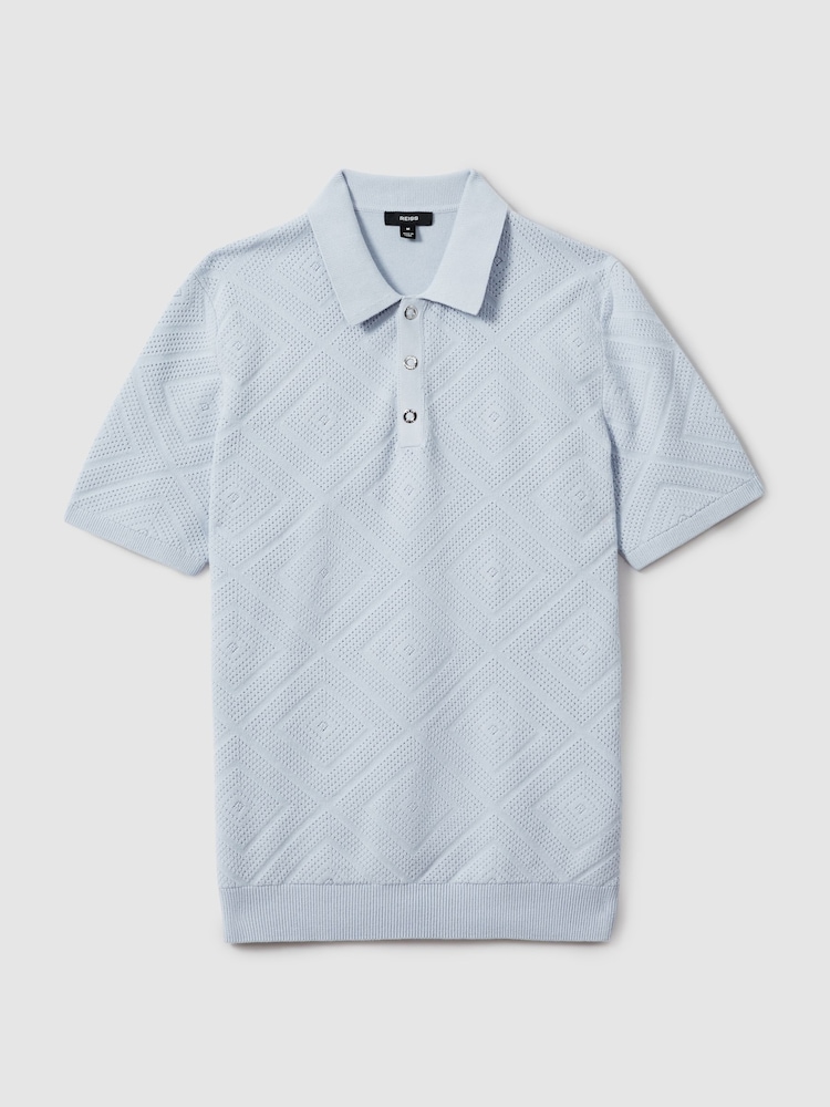 Reiss Soft Blue Lupton Cotton Textured Press-Stud Polo Shirt - Image 2 of 5