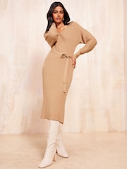 Friends Like These Camel V Neck Belted Midi Dress - Image 3 of 4