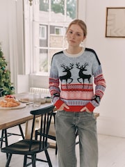 Navy Blue/Pink Matching Family Womens Christmas Fairisle Pattern Reindeer Jumper - Image 1 of 7