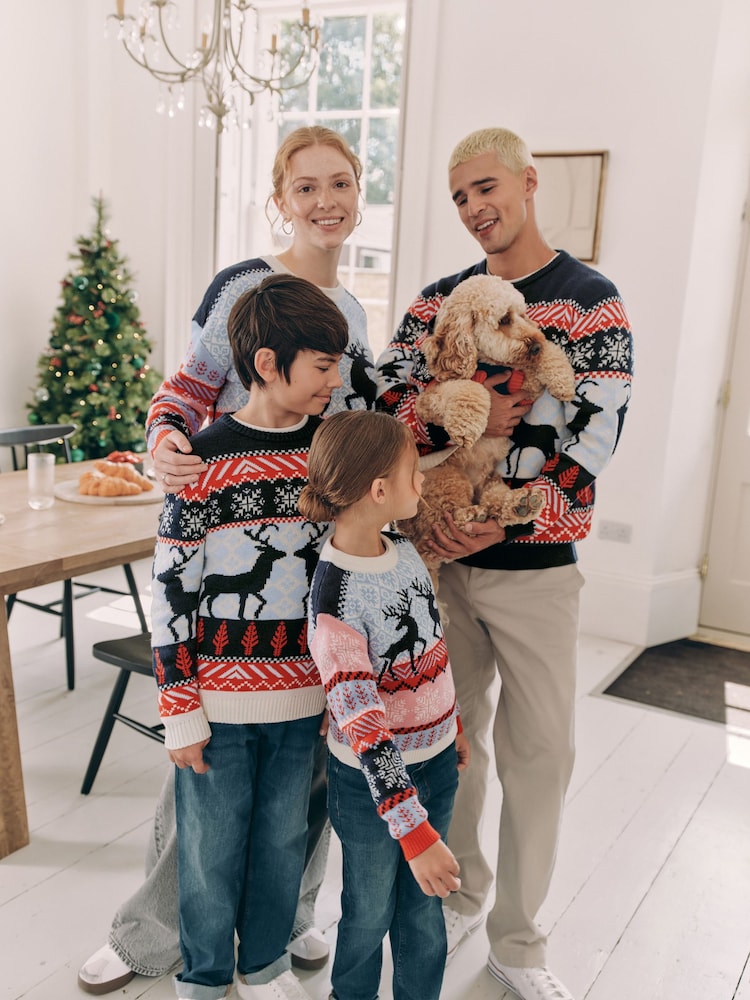 Navy Blue/Pink Matching Family Womens Christmas Fairisle Pattern Reindeer Jumper - Image 2 of 7