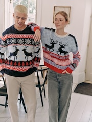 Navy Blue/Pink Matching Family Womens Christmas Fairisle Pattern Reindeer Jumper - Image 3 of 7