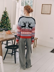 Navy Blue/Pink Matching Family Womens Christmas Fairisle Pattern Reindeer Jumper - Image 4 of 7