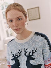 Navy Blue/Pink Matching Family Womens Christmas Fairisle Pattern Reindeer Jumper - Image 5 of 7