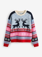 Navy Blue/Pink Matching Family Womens Christmas Fairisle Pattern Reindeer Jumper - Image 6 of 7