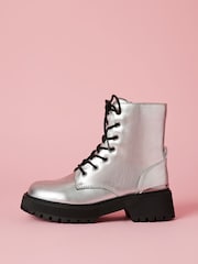 Lipsy Silver Rainbow Chunky Flat Faux Leather Party Lace Up Ankle Boot - Image 1 of 4