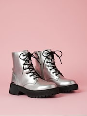 Lipsy Silver Rainbow Chunky Flat Faux Leather Party Lace Up Ankle Boot - Image 2 of 4