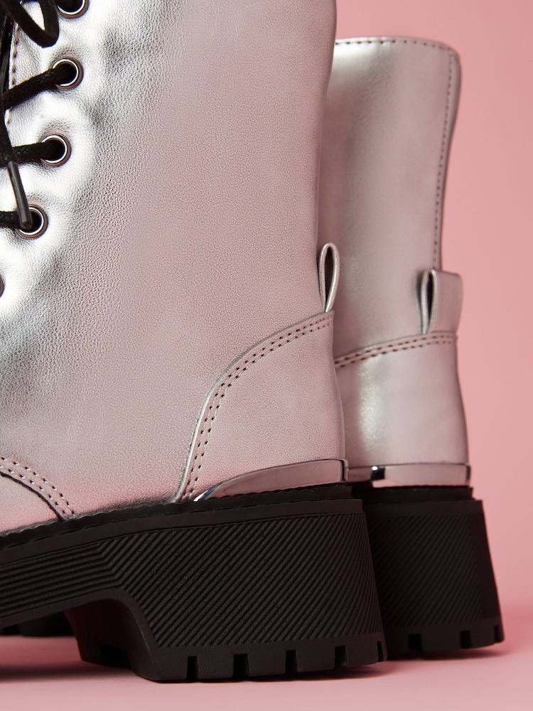 Lipsy Silver Rainbow Chunky Flat Faux Leather Party Lace Up Ankle Boot - Image 4 of 4