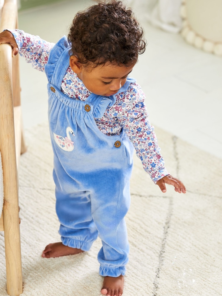 JoJo Maman Bébé Blue Swan Appliqué Velour Dungarees and Top Set - Image 1 of 8