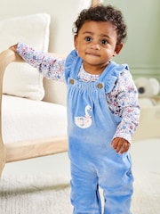 JoJo Maman Bébé Blue Swan Appliqué Velour Dungarees and Top Set - Image 2 of 8