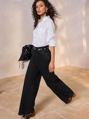 Black Palazzo Wide Leg 100% Cotton Jeans - Image 1 of 9