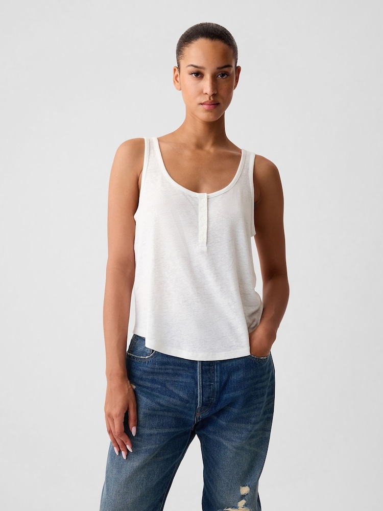 Gap White Linen Blend Sleeveless Henley Vest Top - Image 1 of 4