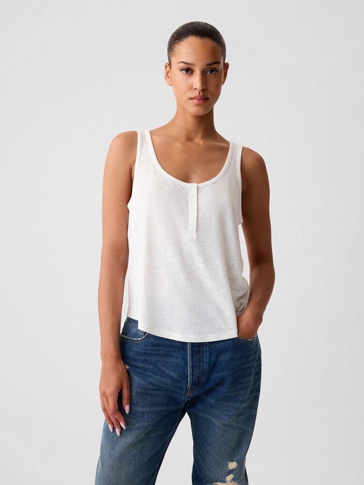 Gap White Linen Blend Sleeveless Henley Vest Top - Image 1 of 4 Gap White Linen Blend Sleeveless Henley Vest Top - Image 1 of 4