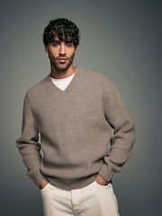 Neutral V-Neck Regular Fit Rib Texture Jumper with Wool - Image 1 of 7