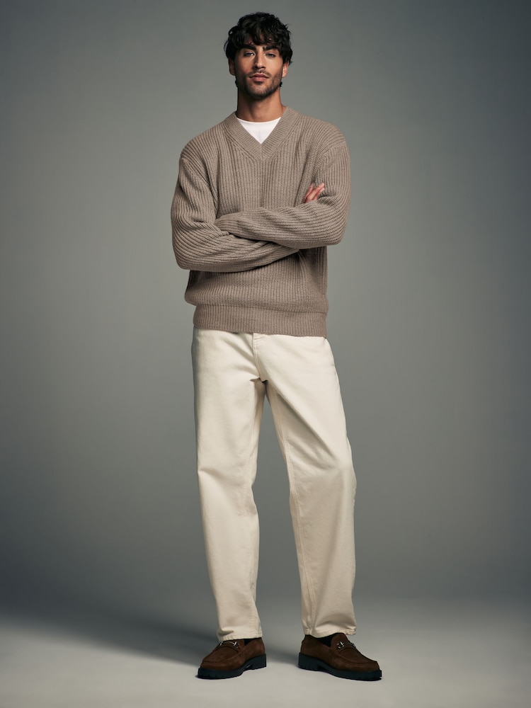 Neutral V-Neck Regular Fit Rib Texture Jumper with Wool - Image 2 of 7