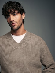 Neutral V-Neck Regular Fit Rib Texture Jumper with Wool - Image 3 of 7