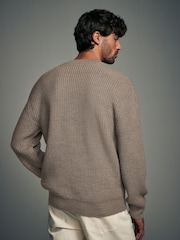 Neutral V-Neck Regular Fit Rib Texture Jumper with Wool - Image 4 of 7