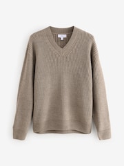 Neutral V-Neck Regular Fit Rib Texture Jumper with Wool - Image 5 of 7